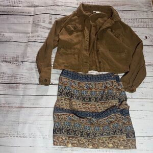 Brown Button-Up Shirt with Paisley Skirt